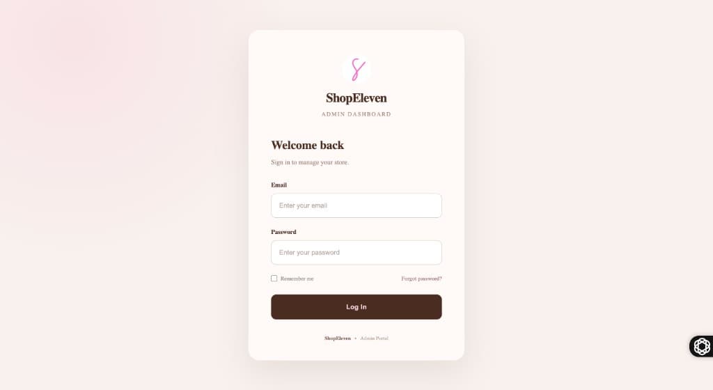 Shop Eleven admin authentication screen