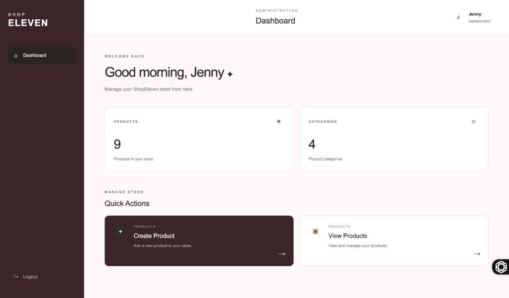 Shop Eleven admin dashboard overview