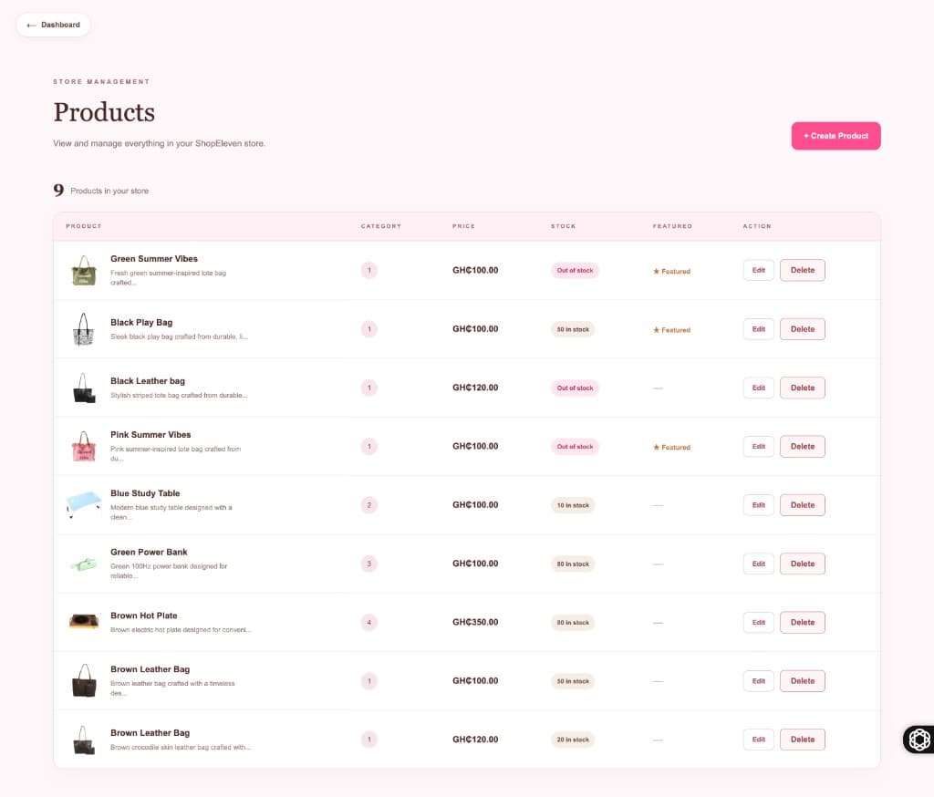 Shop Eleven admin product management interface